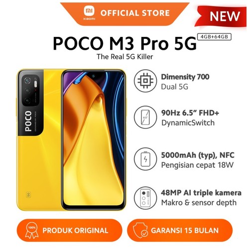 Xiaomi Mi POCO M3 Pro 5G 4/64GB NFC Triple Kamera Layar Smartphone hp - Poco Yellow