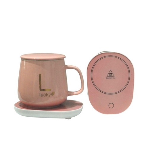 Mug Cangkir Elektrik Set Keramik Pemanas - Merah Muda